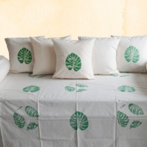 Vissage Big Leaf Block Print Diwan Set - 2 Bolster Covers & 5 Cushion Covers