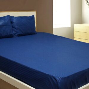 Vissage Striped Bed Sheet Queen Size with 2 Pillow Covers - Ink Blue