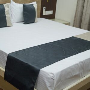 Vissage Premium Plain Double Bed Runner with 2 Cushion Covers, Dark Grey & Cream