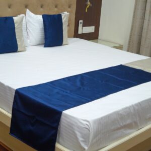 Vissage Premium Plain Double Bed Runner with 2 Cushion Covers, Dark Blue & Cream